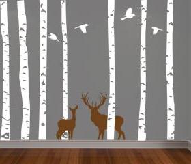 Birch Forest, Deer and Birds Vinyl Wall Decal - FREE SHIPPING