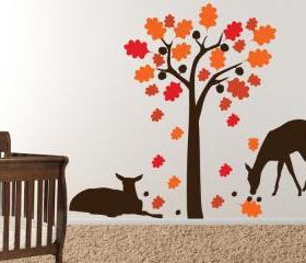 Deer relaxing under the Acorn Tree - Vinyl Wall Decal - FREE SHIPPING 86'x72'