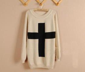 Beige Cross Pullover Long Sleeve Sweater