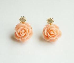 SALE - Large Peach Rose Earrings - Gift under 15
