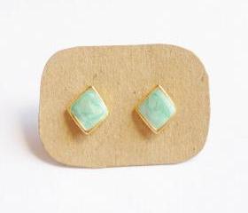 Bright Pearl Blue Rhombus Stud Earrings - 10 mm - Gift under 10