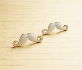 25 mm - Large Sexy White Mustache Stud Earrings - Gift under 10