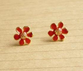 Lovely Red Flower Stud Earrings - Gift under 10