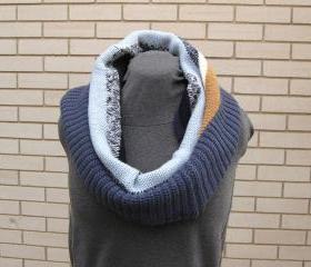 Women.s Cowl Neck Warmer Infinity Circle Scarf Upcycled Blue Brown White Stripes Winter Scarf Accessory