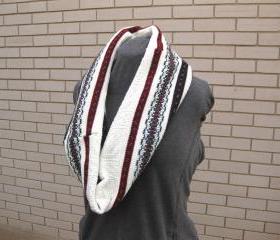 White Fair Isle Upcycled Cowl Neckwarmer Oversized Circle Infinity Scarf Shawl Wrap Shrug Women'sWinter Wear