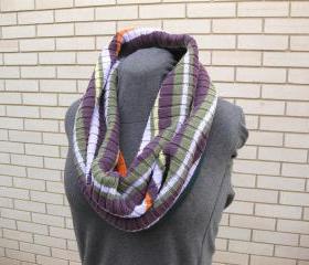 Sweater Cowl Women's Neck Warmer Circle Infinity Shawl Shrug Purple Green Orange Stripes Upcycled Winter Wear