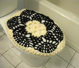 Crochet Toilet Seat Cover or Crochet Toilet Tank Lid Cover - black/cream (TSC6A or TTL6A)