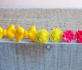 Set of 3 Neon Studs Bow Flowers Pink Yellow Green Valentine's Day Gift Teen Girl Gift Under $20