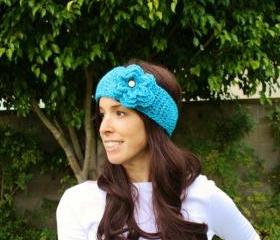Crochet Winter Headband in Turquoise with Large Flower