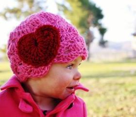 Pink Baby Crochet Hat with Heart Valentines Day