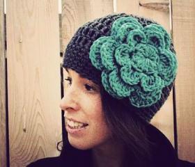 Crochet Beanie in Grey with Large Turquoise Flower