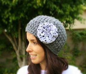 Grey Slouch Hat with Speckled Fabric Flower