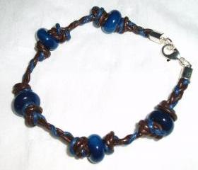 Brown and Blue Plaited Leather Cord Men / Unisex Bracelet Handmade Jewelry gift ideas