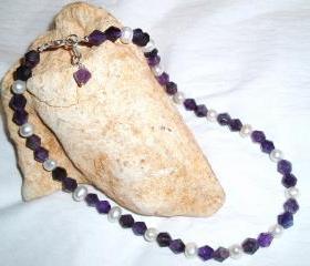 Cultured Pearl and Amethyst Necklace Handmade Gemstone Jewelry
