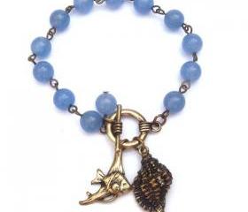 Antiqued Brass Fish Conch Blue Jade Bracelet