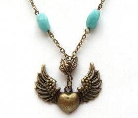 Antiqued Brass Flying Heart Leaf Green Jade Necklace