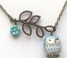 Antiqued Brass Leaf Czech Glass Porcelain Owl Necklace