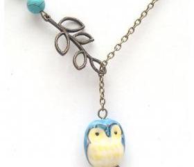 Antiqued Brass Leaf Turquoise Porcelain Owl Necklace