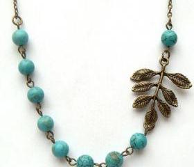 Antiqued Brass Leaf Green Turquoise Necklace