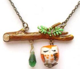 Antiqued Brass Branch Quartz Porcelain Owl Necklace