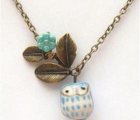 Antiqued Brass Leaf Czech Glass Porcelain Owl Necklace