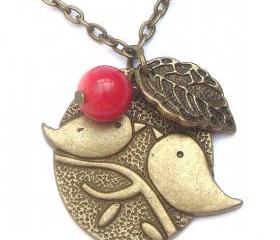 Antiqued Brass Leaf Bird Red Coral Necklace
