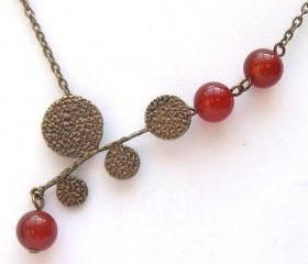 Antiqued Brass Leaf Red Agate Necklace