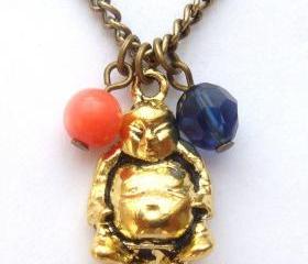 Antiqued Brass Buddha Pink Coral Quartz Necklace