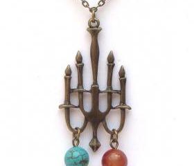 Antiqued Brass Candleholder Turquoise Red Agate Necklace