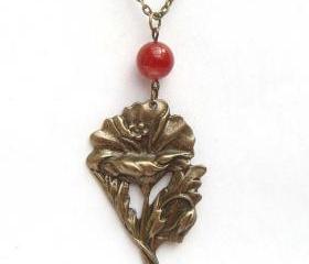 Antiqued Brass Flower Red Agate Necklace