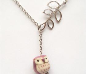 Silver Plated Brass Leaf Porcelain Owl Necklace