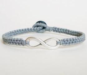 Gray Infinity Bracelet - Simple Single Silver Infinity Sign/Eight woven with Gray Wax Cord Bracelet / Wristband - Men Jewelry - Unisex 