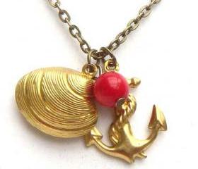 Antiqued Brass Anchor Shell Red Coral Necklace