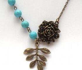 Antiqued Brass Leaf Flower Green Turquoise Necklace
