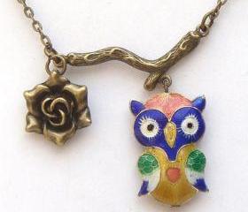 Antiqued Brass branch Flower Owl Necklace