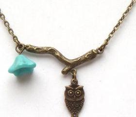 Antiqued Brass Branch Czech Glass Flower Owl Necklace