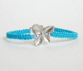  Silver Flower Blue Bracelet - Gift for Her - Gift under 15