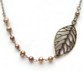 Antiqued Brass Leaf Fresh Water Pearl Necklace