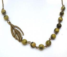 Antiqued Brass Leaf Yellow Turquoise Necklace