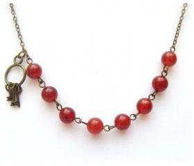 Antiqued Brass Key Red Agate Necklace