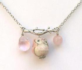 Silver Leaf Jade Quartz Porcelain Owl Necklace