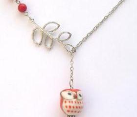 Silver Leaf Coral Porcelain Owl Necklace