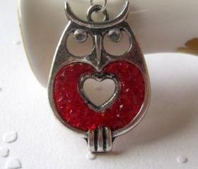 Valentine Necklace, Owl Necklace, Red Owl, Stained Glass Owl
