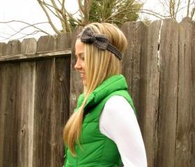 Charcoal Grey Bow Headband with Natural Vegan Coconut Shell Buttons - Adjustable