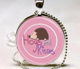 hugs and kisses brown hedgehog pink glass round necklace keychain