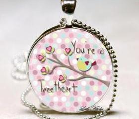 You are a sweet heart birds glass round silver necklace keychain pink