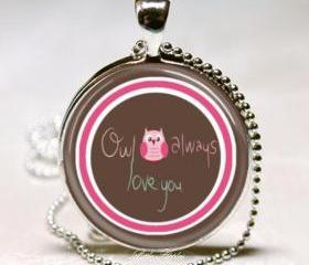 Couple pink owl always love you 25mm glass dome necklace keychain