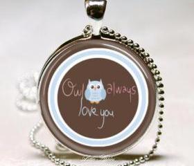 Adorable blue owl always love you thick glass dome necklace keychain