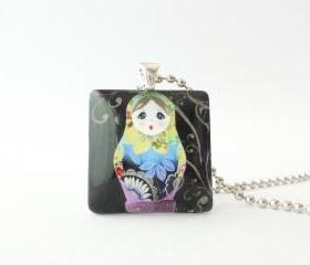 Matryoshka Nesting Dolls Russian 1 inch glass tile necklace