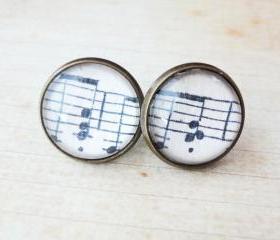Melody Music Notes Sheet Cleft Glass Antique Brass Stud Post Earrings